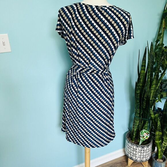 Tacera Sz S Tunic Dress Tie Belt Geometric Stretch Blue White Midi NWOT 0784 - Picture 6 of 6